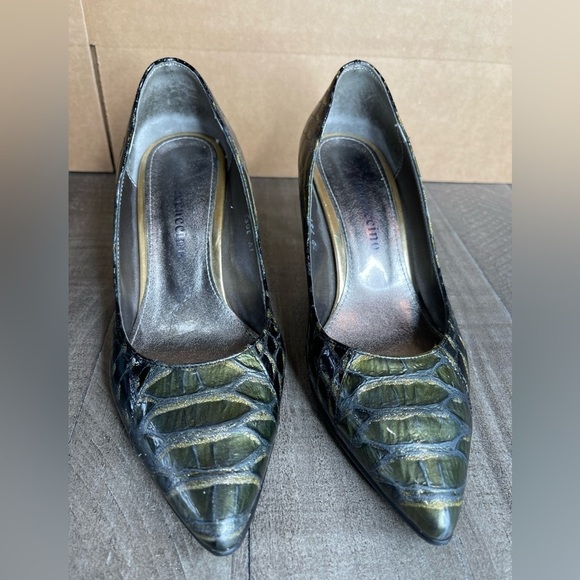 BECCACCINO Green black Croco Metallic SIZE 6 Heels Pumps Shoes Pointed Italy. - Picture 4 of 5